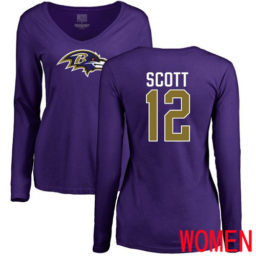 Baltimore Ravens Purple Women Jaleel Scott Name and Number Logo NFL Football #12 Long Sleeve T Shirt->nfl t-shirts->Sports Accessory